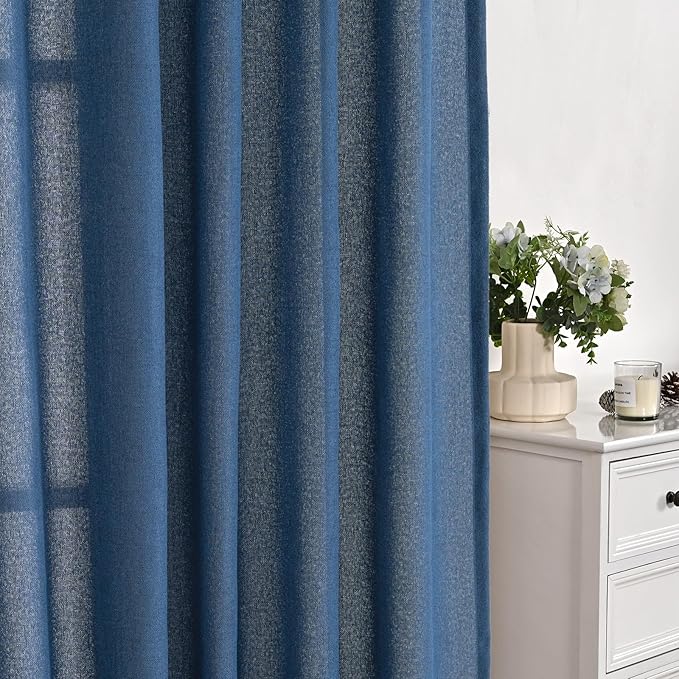 YoungsTex Navy Linen Curtains 84 Inch Length for Living Room, Dark Blue Semi Sheer Drapes Light Filtering with Bronze Grommet Privacy for Bedroom Decorative, 52 x 84 Inch, 2 Panels