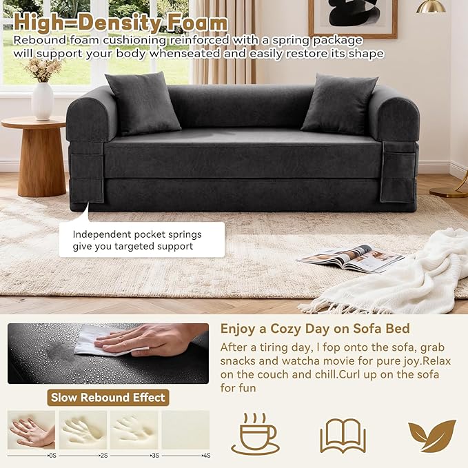 Convertible Sleeper Sofa Bed,78.5 Inch Faux Leather Futon Couch with Pillows & Storage Pocket,5-in-1 Folding Sofa Bed Queen with Pull Out Beds,Boneless Couches for Living Room,Couch in a Box,Gray