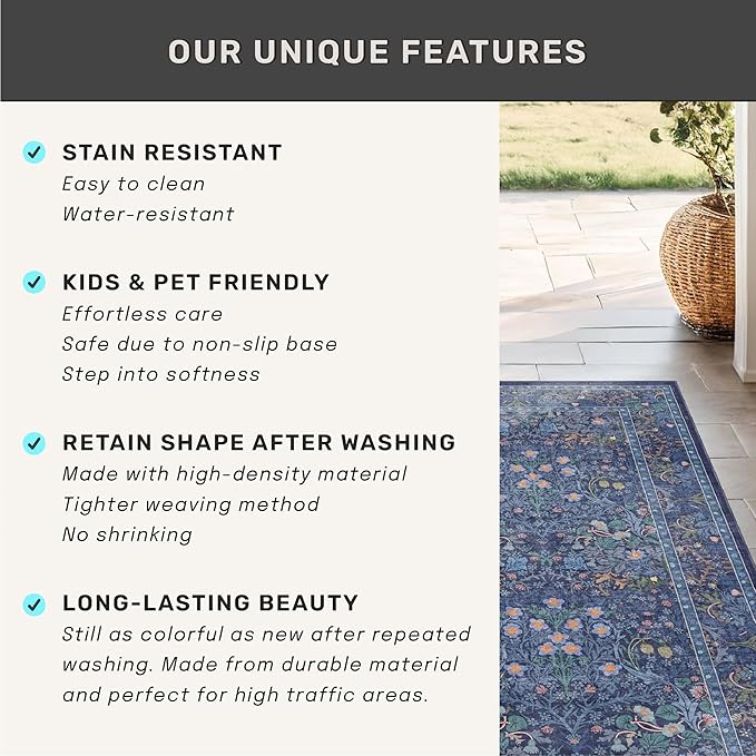 Non Slip 2x6 Dark Blue Kitchen Runner Rug - Long Runner Rugs 24 x 72 Washable Hallway Floor Mat, Bedroom Laundry Room Bathroom Runner - Dusky Navy Vintage Floral Design Décor