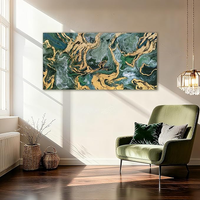 YETHEN WAL Emerald Green Abstract Wall Art Fluid Canvas Wall Decor Modern Art Prints for Living Room Bedroom Office 20x40 Inch