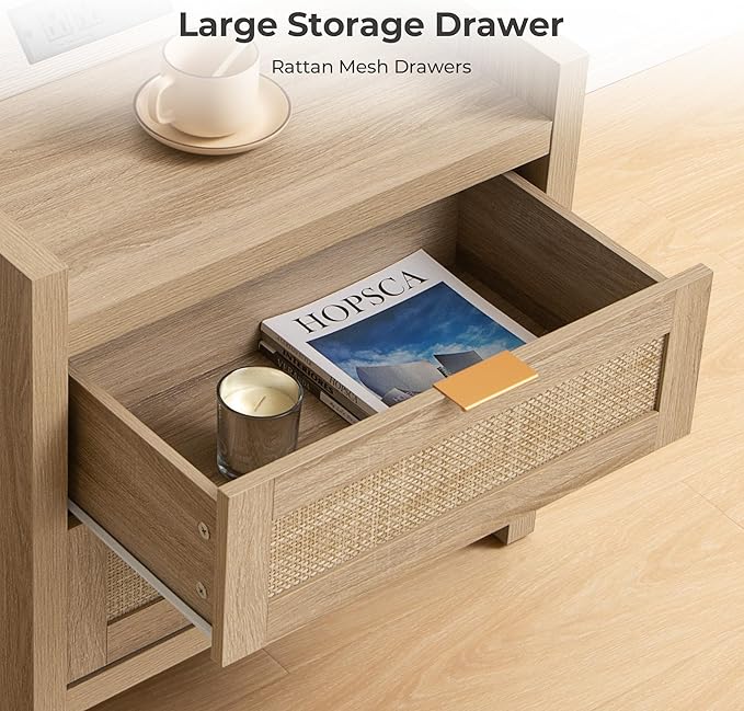 SICOTAS Rattan Nightstand Bedside Table - Night Stand with Type-C Charging Station, 2 Drawers Storage - Boho Night Stands End Table for Bedroom - Light Oak