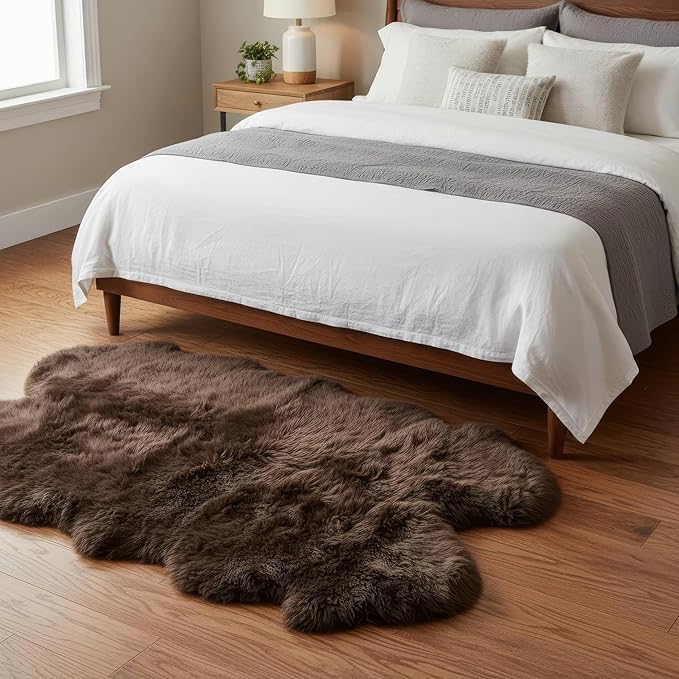 Genuine Dark Brown Sheepskin Rug, Real Fluffy Quad Pelt 4x6 ft Fur Area Rug for Living Room, Bed & Home Decor, Natural Sheep Skin Throw