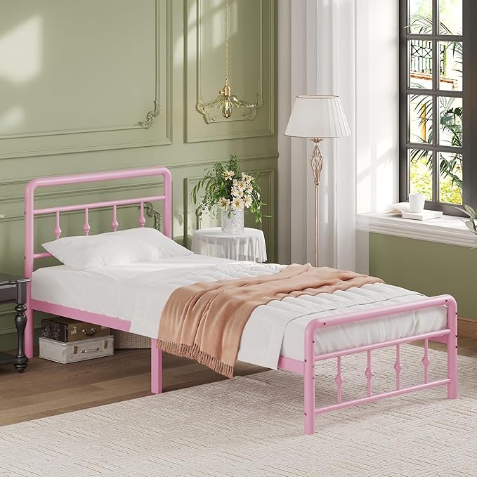 12 Inch Twin Bed Frames with Headboard and Footboard, Heavy Duty Twin Metal Mattress Foundation No Box Spring Needed, Noise Free, Easy Assembly, Pink