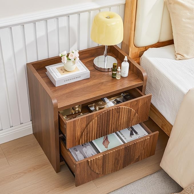 Turtle&Myrtle 24 Inch Wide Fluted Nightstands, Large Night Stand with 2 Drawers, Mid Century Modern Bedside Table End Table with Storage for Bedroom Living Room Office (Walnut)