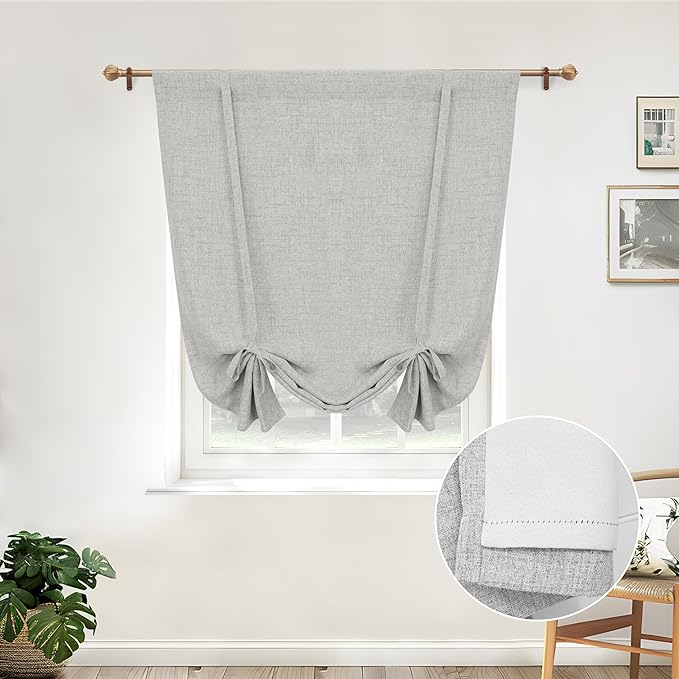 DriftAway Double Layer Linen Blackout Tie Up Curtains Thermal Insulated Fully Lined Balloon Roman Shade Bathroom Window Adjustable Rod Pocket for Small Window 45 Inch by 63 Inch Gray