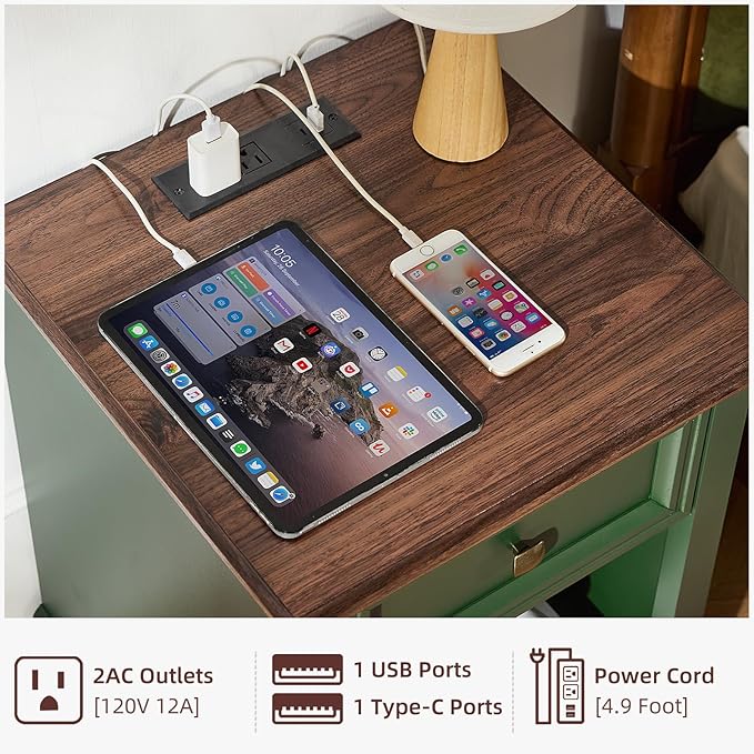 SAVOR LIFE Farmhouse End Tables Living Room with Drawer, Rustic Wood Nightstand with Charging Station, Bedside Table with Open Shelf for Bed Room, Living Room, Green