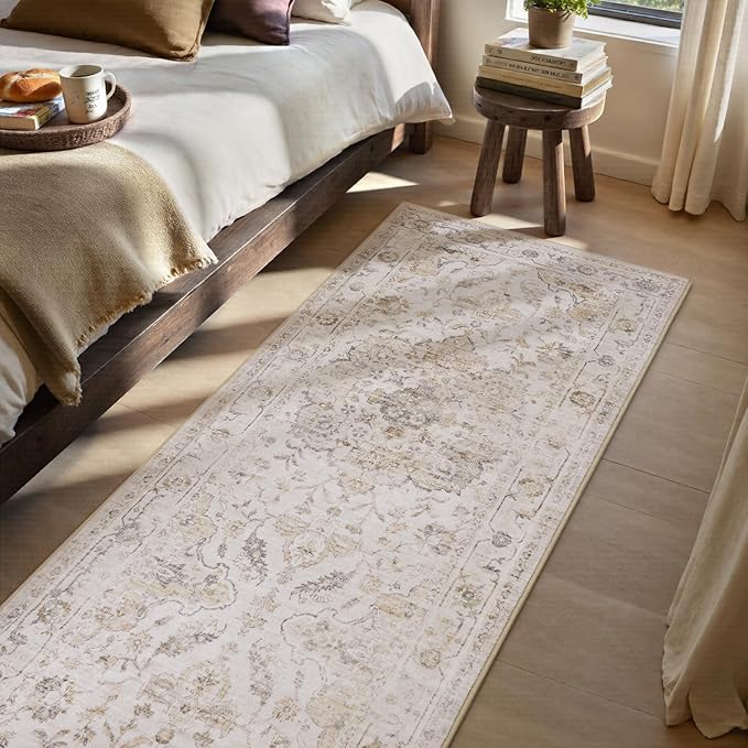 PADOOR 2X10 Runner Rug,Runners for Hallways,Soft Beige Washable Bedside Rugs for Bedroom,Non Slip Long Rug for Hallways Entryway Laundry Room Stair Kitchen Bathroom
