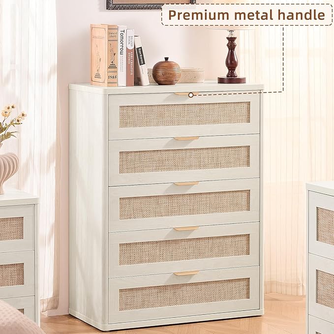 LEYAOYAO Rattan Dresser for Bedroom 41" Tall Chest of Drawers, Modern 5 Drawers Boho Dressers with Storage, Light Oak Dresser Wooden Closet Organizer for Living Room, Hallway, Grey White