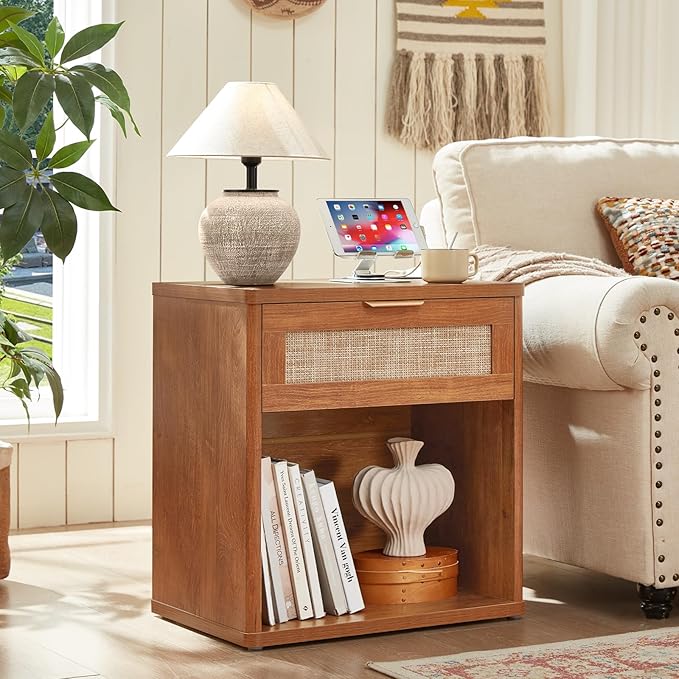 LEYAOYAO Rattan Nightstands Set of 2 with Charging Station, Tea Brown Night Stand with Drawer, 23" Wide Boho Bedside Table with Storage Shelf, Bed Side End Tables for Bedroom, Living Room, Hallway