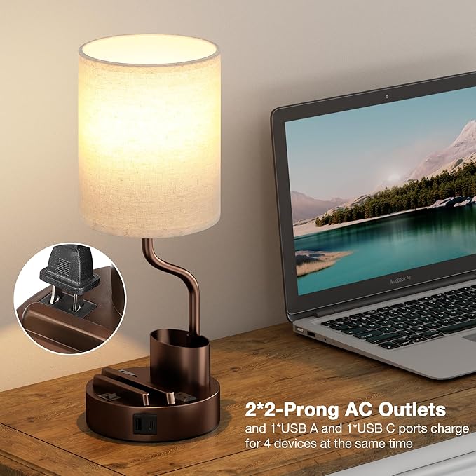 Bedside Table Lamps for Bedroom Set of 2 - Beige Nightstand Lamp with AC Outlet Charging Port and USB A C, 3 Color Temperatures, Included Phone & Pen Holder, Brown Night Stand Lamps for Guest Room