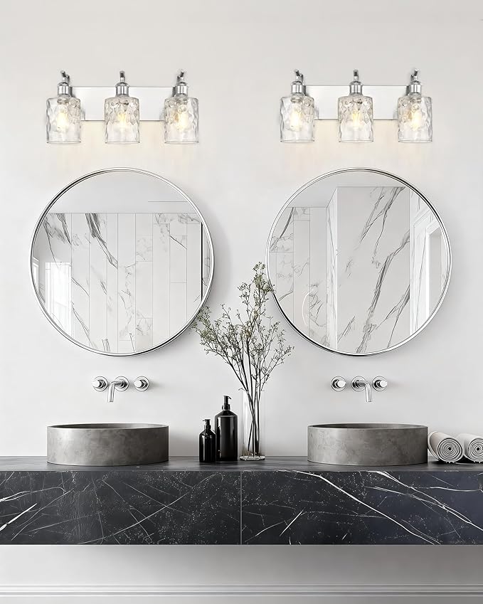 Bathroom Vanity Light Fixtures Over Mirror 3-Light Hammered Glass Wall Mounted Modern Brushed Nickel - VL01BNH-3