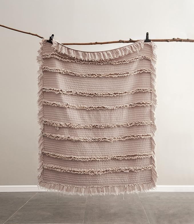 Ultra Soft Pre-Washed Quilted Throw Blanket, Ruffle Fringed Dusty Rose Pink Decorative Throw, Stone Washed Chic Rustic Blanket for Sofa Couch Bed Chair, 50"x 60"