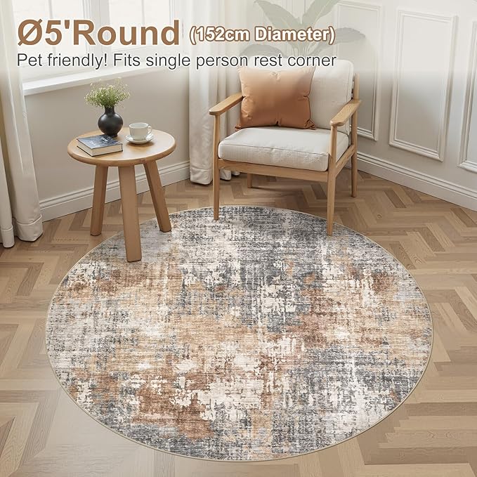 5ft Round Area Rug Living Room Rugs - 5x5 Washable Large Soft Indoor Neutral Modern Abstract Low Pile Rug Carpet for Bedroom Dining Room Farmhouse Home Office - Grey Brown