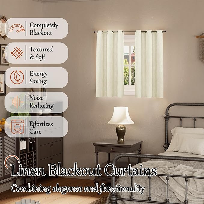 45 Inch Length Linen Blackout Curtains for Short Cafe Window, Thermal Insulated Light Blocking Soundproof Privacy Burlap Curtains 2 Panels, Each 38 Inch Wide Cream