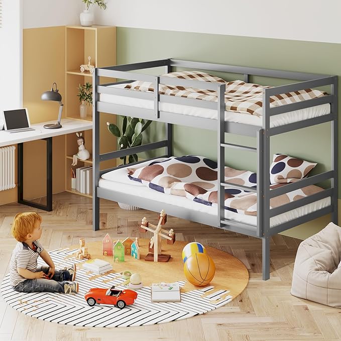 KOMFOTT Wood Bunk Bed Twin Over Twin, Bunk Bed with Ladder & Safety Guardrail, Solid Wood Bed Frame, Ideal for Dormitory & Multiple-Child Family, No Box Spring Needed, Kids Bunk Bed