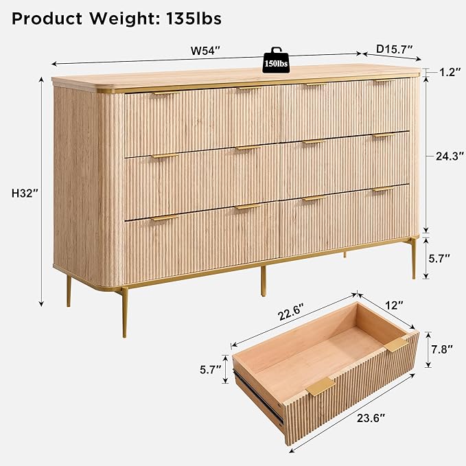 T4TREAM Fluted 6 Drawers Dresser for Bedroom, 54" Wide Modern Dresser TV Stand, Gold Accents, Fluted Fronts, Wood Storage Dressers Organizer for Bedroom, Living Room, Natural Oak