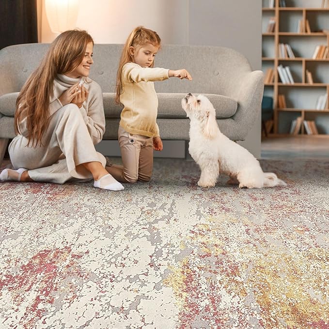 Area Rug Living Room Rugs - 9x12 Washable Large Soft Indoor Neutral Modern Abstract Low Pile Rug Carpet for Bedroom Dining Room Farmhouse Home Office - Colorful