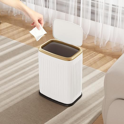 TIPGO Bathroom Trash Can with Lid, 2.1 Gallon / 8 Liter Small Garbage Can, Press Top Bin, Stainless Steel Wastebasket with Pop-Up Lid for Bedroom, Living Room, Office (White)