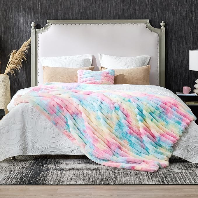 Cozy Bliss Faux Fur Throw Blanket for Couch, Cozy Warm Plush Striped Blanket for Sofa Bedroom Living Room, 50 * 60 Inches Tie-dye Rainbow