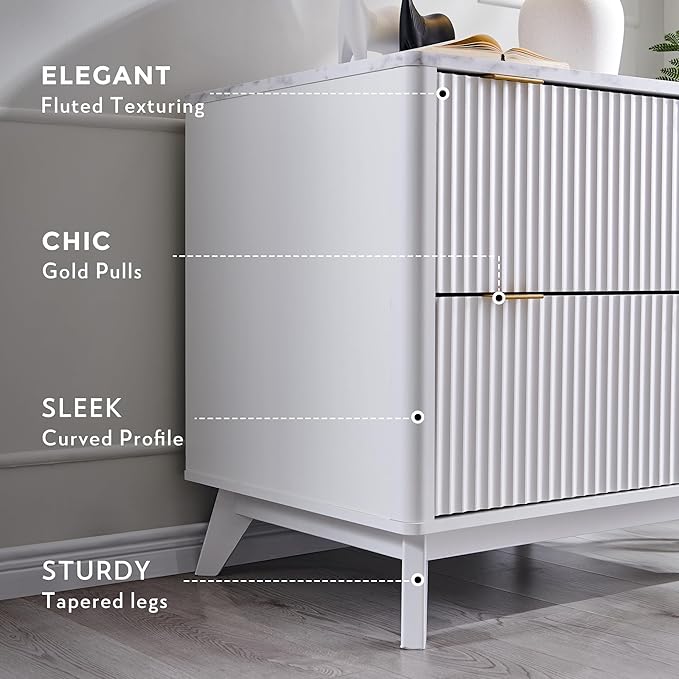 T4TREAM Modern Fluted Wood Night Stand, 30" Tall Bedside Table with 2 Drawers & Large Tabletop, Side Tables Bedroom, End Table for Living Room, White