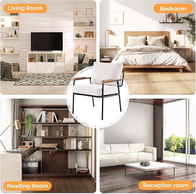 VINGLI Mid-Century Modern Accent Armchiar for Small Space, Small Comfy Upholstered Leisure Reading Chair with Wood Armrest for Bedroom, Living Room, Waiting Room, Linen Beige