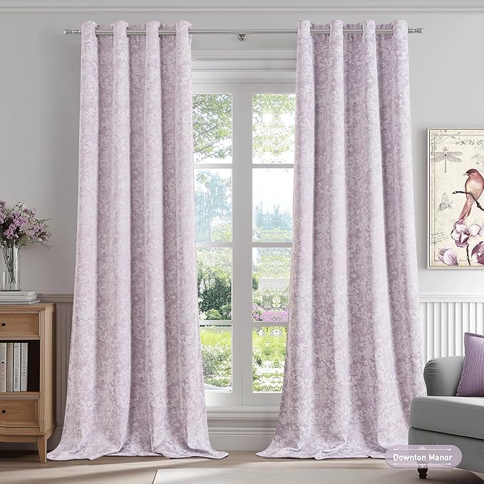 Beauoop Purple Floral Jacquard Blackout Curtains 84 Inches Long 2 Panels for Bedroom Living Room Chenille Flower Room Darkening Thermal Insulated Soundproof Grommet Window Treatments Drapes, 52x84