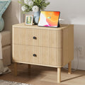 Night Stand with Charging Station, 24" Large Fluted Nightstand with Rounded Corners & Solid Wood Legs, 2 Drawers End Table, Mid Century Modern Bedside Table for Bedroom, Natural Oak