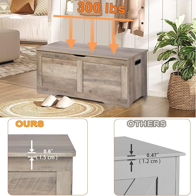 Timberer 39.4" Storage Chest, Wooden Storage Bench, Lift Top Toy Chest with 2 Safety Hinges, Large Toy Box, Entryway Bench for Living Room, Bedroom, Grey