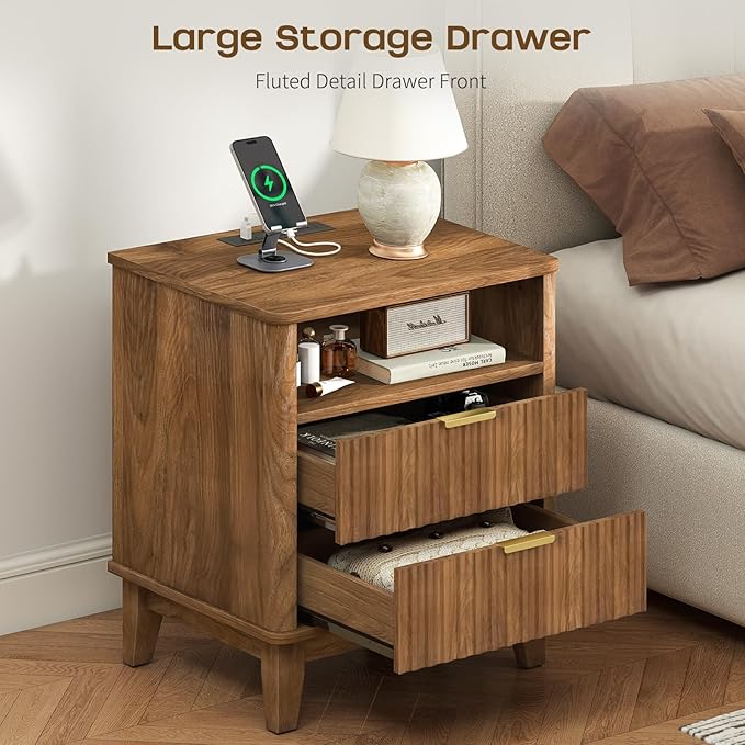 Night Stand with Charger Station, Fluted Nightstand with Drawers and Storage Shelf, Mid Century Modern Bedside Table Nightstands, Large Bed Side Table Wood Night Stands for Bedroom Living room