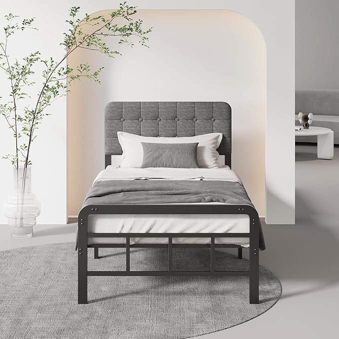 12 Inch Twin XL Bed Frames with Upholstered Headboard and Metal Footboard, No Box Spring Needed, Heavy Duty XL Twin Metal Mattress Foundation, Noise Free, Easy Assembly