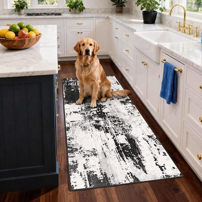 3x8 Hallway Washable Runner Rug: Extra Long Kitchen Runner Non Slip Abstract Rugs Printed Faux Wool Low Pile Soft Indoor Floor Carpet for Bedroon Dining Living Room Bathroom Black White 3x8