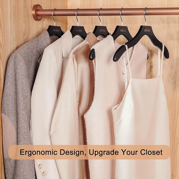 TOPIA HANGER Wooden Coat Hangers 12 Pack, Premium Wood Suit Sweater No Shoulder Bump Hangers, 360° Swivel Hook and Cut Notches Clothes Hangers for Sweater, Hoodie, Shirts, Jackets, Dress, Black CT84B
