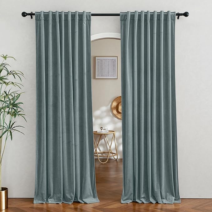 RYB Home Velvet Room Divider Curtains - Thermal Insulated Noise Reducing Panel Large Window Decor for Sliding Door Hall, Width 62 x Length 84 inch, Stone Blue, 2 Panels