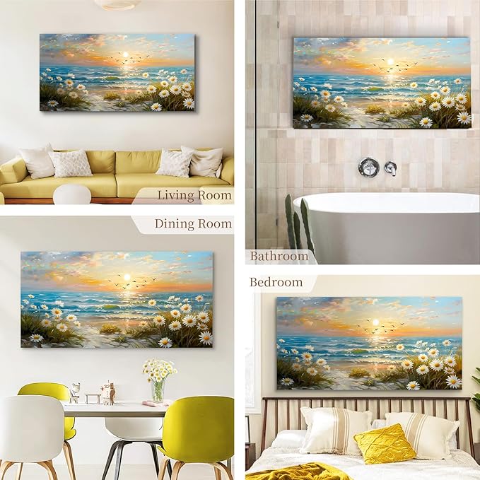 SERIMINO Large Canvas Wall Art Prints, Ocean Sunset Landscape Canvas Prints Paintings, Coastal Daisy Paintings Decor, Seaside Wildflowers Wall Decor for Bedroom Living Room Dining Room 29"X57"