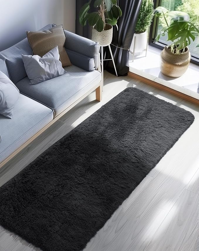 Ophanie 2x8 Runner Rug for Hallway, Upgrade Non-Slip Fluffy Soft Bedside Rugs, Bedroom Living Room Black Shaggy Carpet for Kids Girls Boys Dorm Nursery Home Decor Aesthetic
