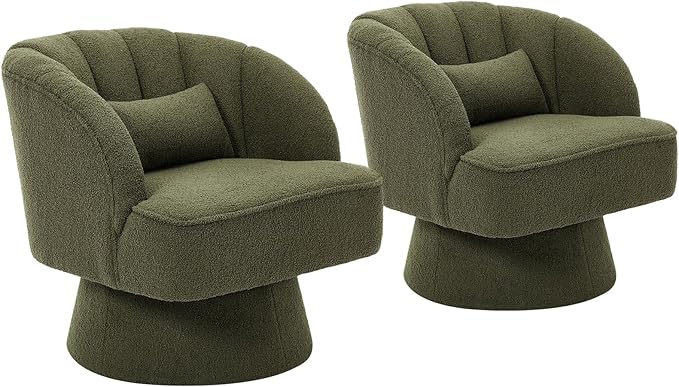 GarveeHome Modern Swivel Barrel Accent Chair, 360° Teddy Fabric Upholstered Armchair with Striped Backrest & Plush Padding, Comfy Round Lounge Chair for Living Room, Bedroom, Reading Nook, Green 2 PCS