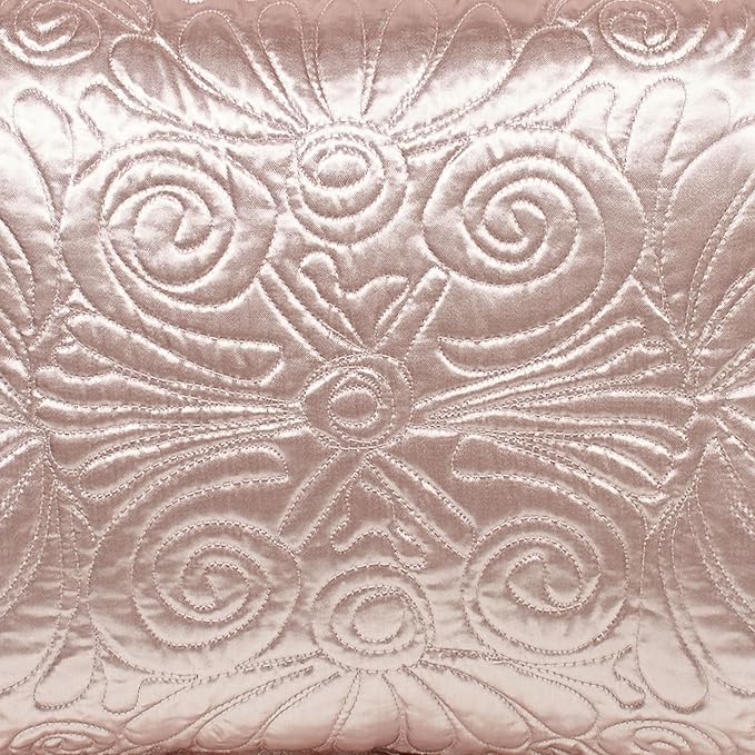 Touch of Class Portia Luxury Bedding | Posh Rose Quartz | Premier Quilted Polyester Satin | Romantic Hand Guided Machine Quilted Scroll Design 3 Piece Set with Queen Bedspread and 2 Standard Shams