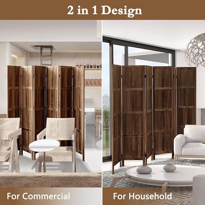 6 Panel Room Divider, 5.6Ft Wood Room Dividers and Folding Privacy Screens, Room Divider Wall Freestanding Room Partitions, Room Dividers Screen for Home Office Bedroom, Dark Brown