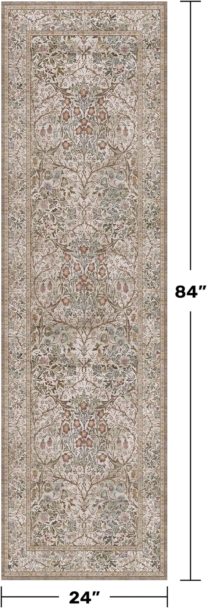Non Slip 2x7 Moss Green Hallway Runner - Long Runner Rugs for Bathroom, Washable Kitchen Floor Mat, Bedroom Bedside - Brown Earthy Vintage Floral Décor