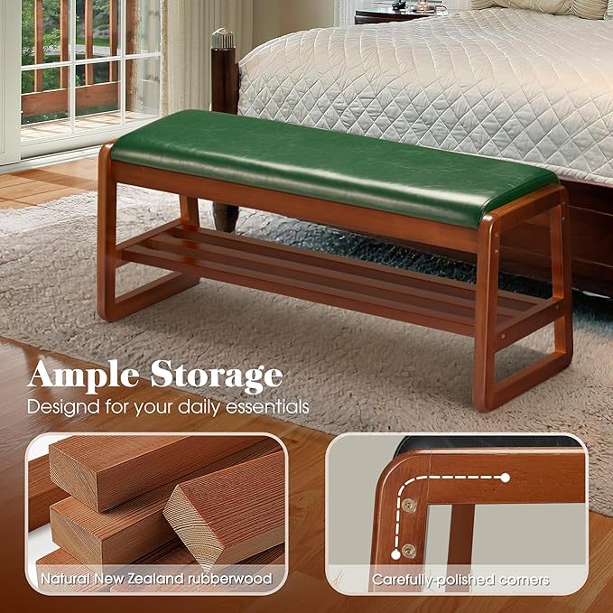 HABUTWAY Solid Wood Shoe Rack, Entryway Shoe Bench with Cushion, 2 Tier Shoes Organizer for Entryway, Hallway, Living Room-(Green,39.37"-L)