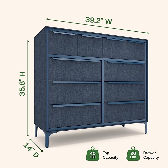 Naima Premium Fabric Dresser - Strong Metal Frame, 10 Spacious Sag-Proof Drawers with Sleek Metal Handles - Premium & Durable Storage Solution for Your Home (Navy)