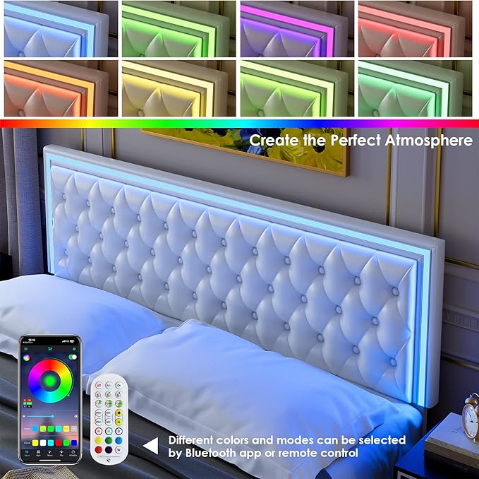 Keyluv Queen Upholstered LED Bed Frame with 4 Drawers, Pu Leather Platform Storage Bed with Adjustable Button Tufted Headboard and Solid Wooden Slats Support, No Box Spring Needed, White