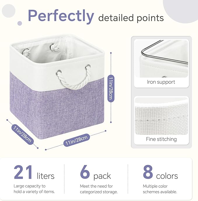 Large 11x11 Inch Cube Storage Bins with Cotton Handles for Closet, Shelves, Clothes, Towel (White/Purple-6 Pack)