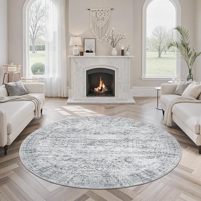 5x5 Grey Round Rug 5ft Living Room Circle Rug Vintage Gray Round Area Rug Non Slip Indoor Carpet for Entryway Dining Room Bedroom