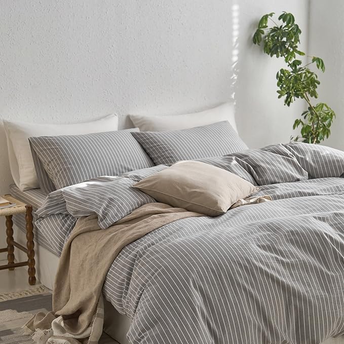 MooMee Striped Duvet Cover Set 100% Washed Cotton Linen Like Textured Breathable Durable Soft Comfy (Light Grey White Wide Stripes, King 104"x90")