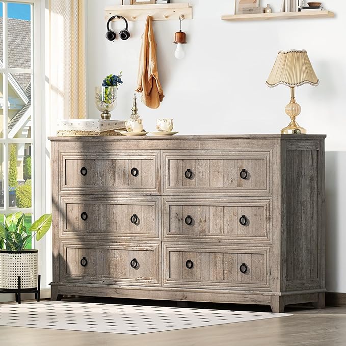 Bedroom Dresser and Nightstand Sets 4 Piece, Farmhouse 6 Drawers Dresser & 40.5" Tall Chest of Drawers, 18" Nightstands Set of 2, 54" Wide Furniture Dressers for Bedroom, Living Room, Grey