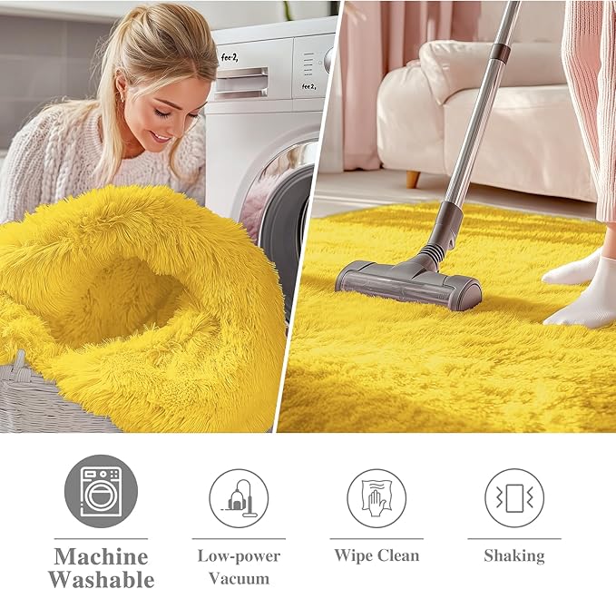 OLANLY Yellow Round Rugs for Bedroom - Machine Washable, 8 ft Circle Area Rugs for Living Room, Soft and Fluffy Shaggy Carpet for Teen Girl and Boys, Nursery Rooms, Dorms, Home Decor Aesthetic