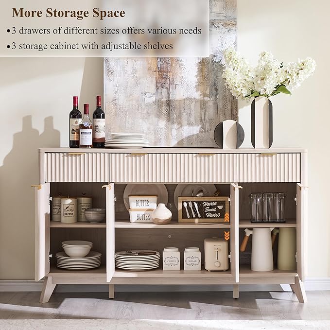 T4TREAM Large Buffet Sideboard Cabinet with Storages, 60" Fluted Modern Buffet Table Coffee Bar Wine Bar Storage Cabinet with 3 Drawers & 4 Doors for Dining Room, Living Room, Hallway(White Alder)