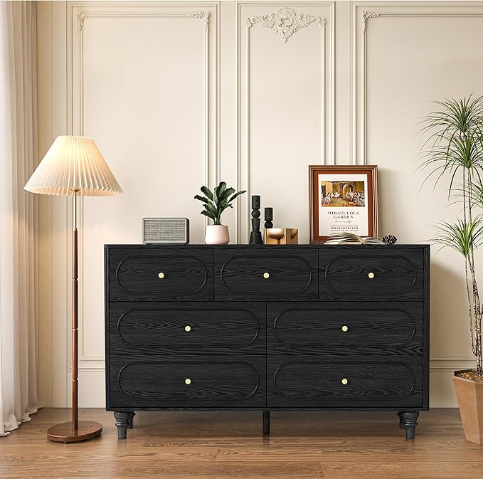 ORRD 7 Drawer Fluted Dresser for Bedroom, Mid Century Modern Chest of Drawers, Wood Storage Large Dresser Organizer for Bedroom Living Room Hallway Closet, Black
