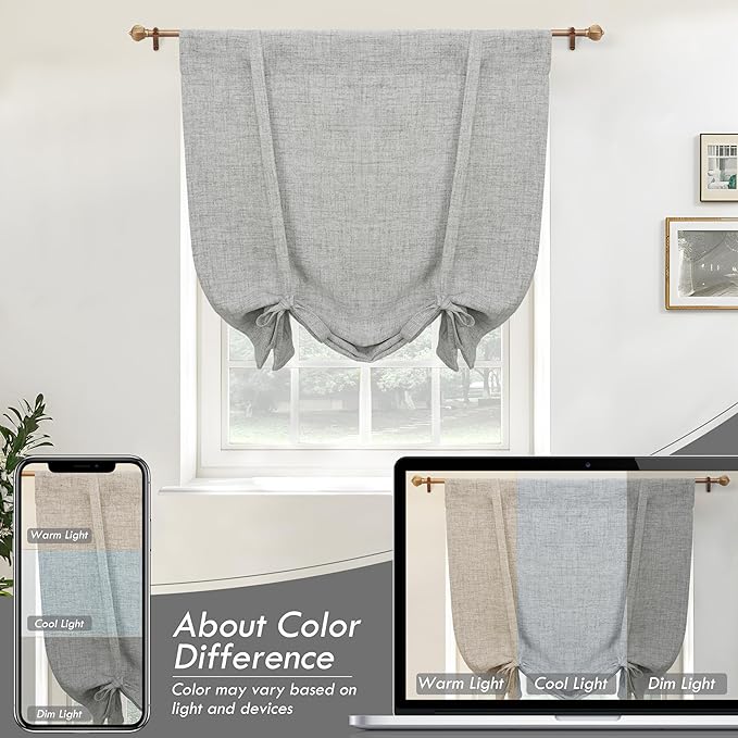 DriftAway Double Layer Linen Blackout Tie Up Curtains Thermal Insulated Fully Lined Balloon Roman Shade Bathroom Window Adjustable Rod Pocket for Small Window 25 Inch by 47 Inch Gray